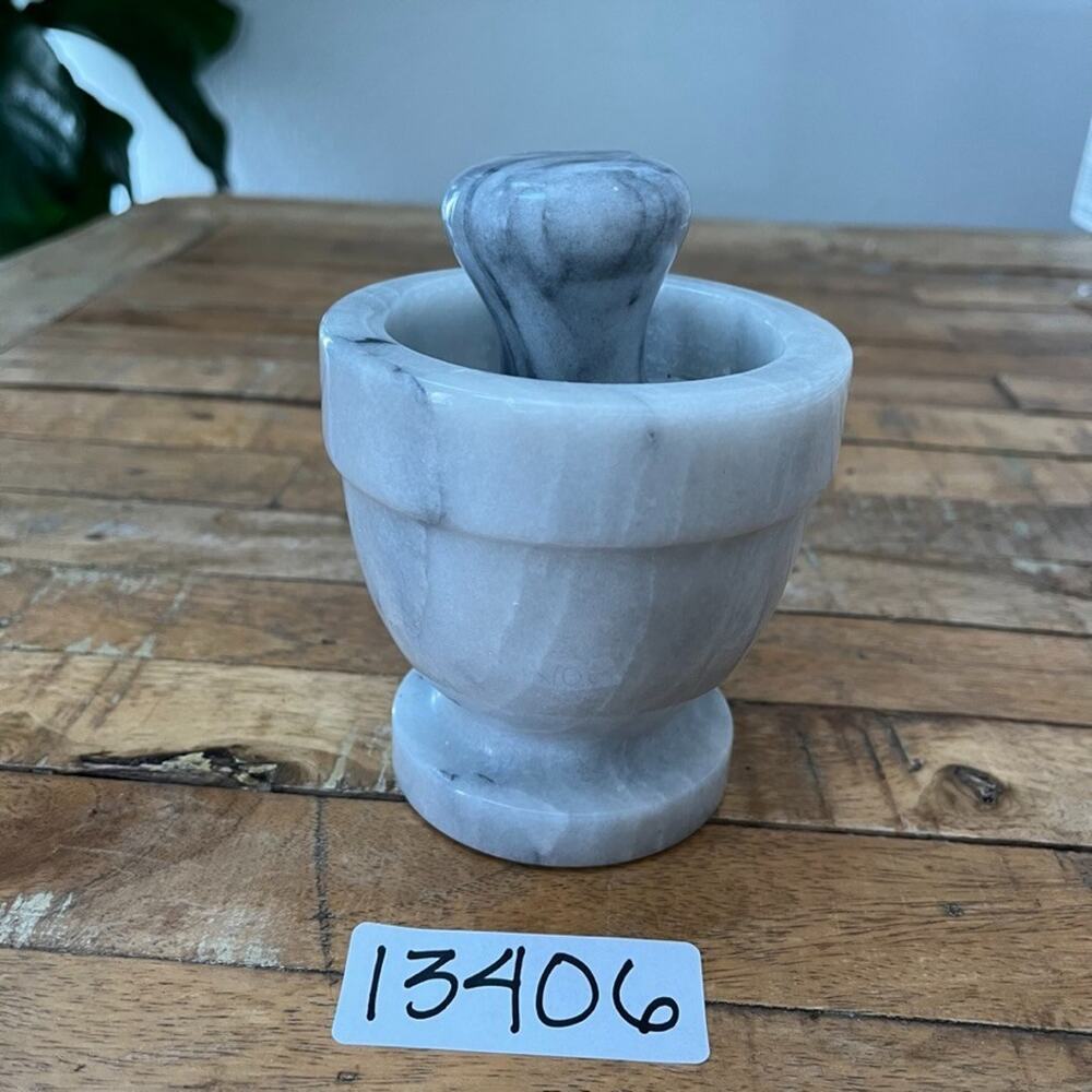 Polished Marble Mortar and Pestle Set Gray and White Heavy - Picture 12 of 12
